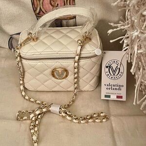 Valentino Orlandi Cream Quilted Mini Bag with Gold Accents